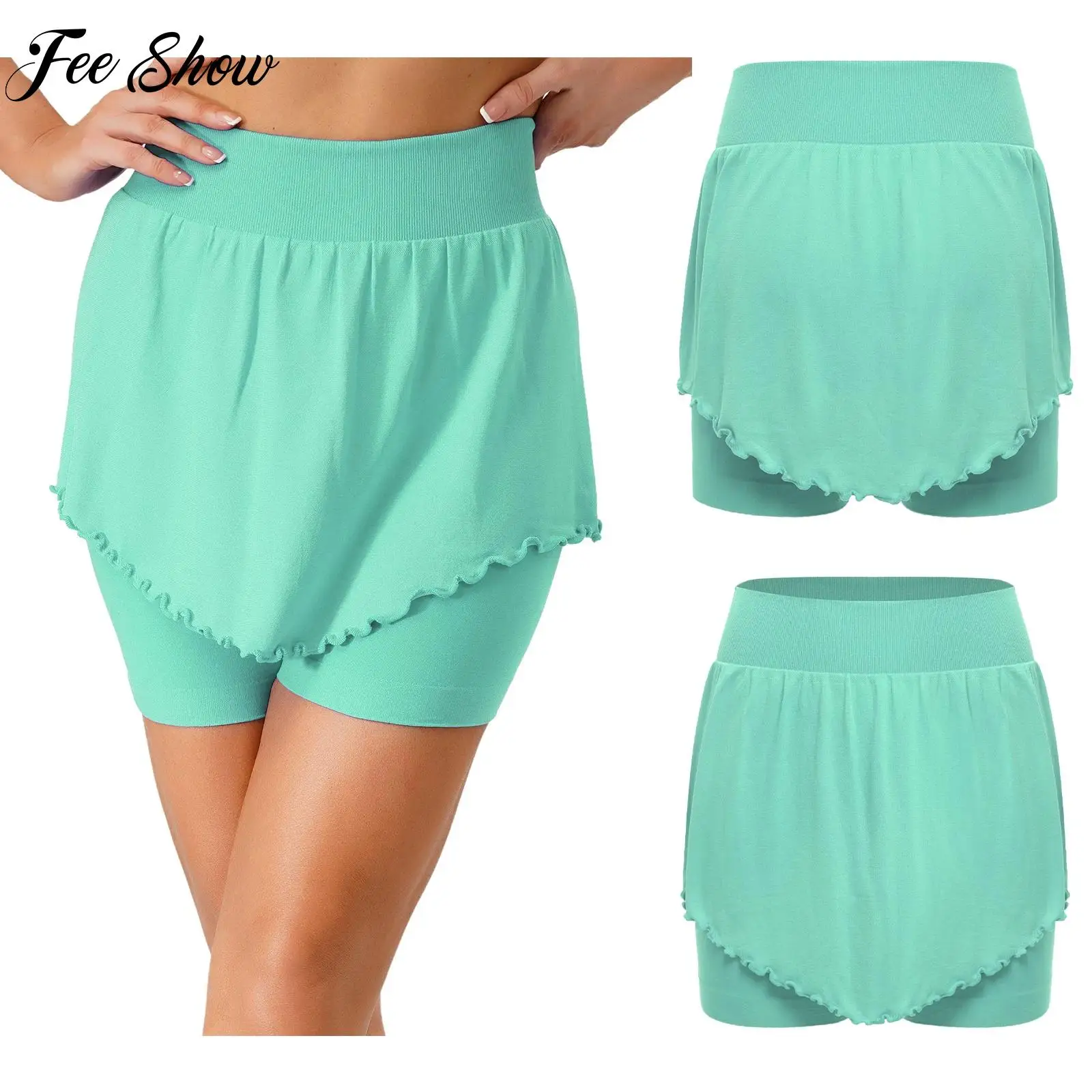 

Womens Yoga Tennis Skirts Wide Elastic Waistband Lettuce Hem Skirt with Built-in Shorts for Gym Sports Workout Running Dance