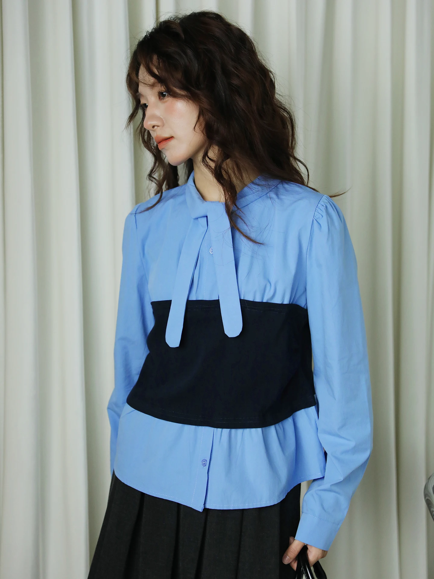 

Простой однотонный женский пуловер с длинным рукавом, имитация двухслойности, из смесового хлопка, дышащий, повседневный, синий