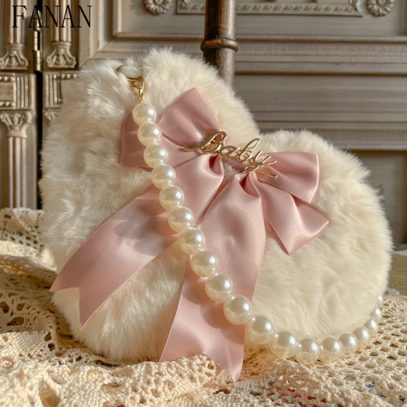 

Sweet Cute Fashion Lolita Style Love Sweet and Cute Handbas for Women Pearl Chain Plush Bag Jk Casual Elegant Top-Handle Bags