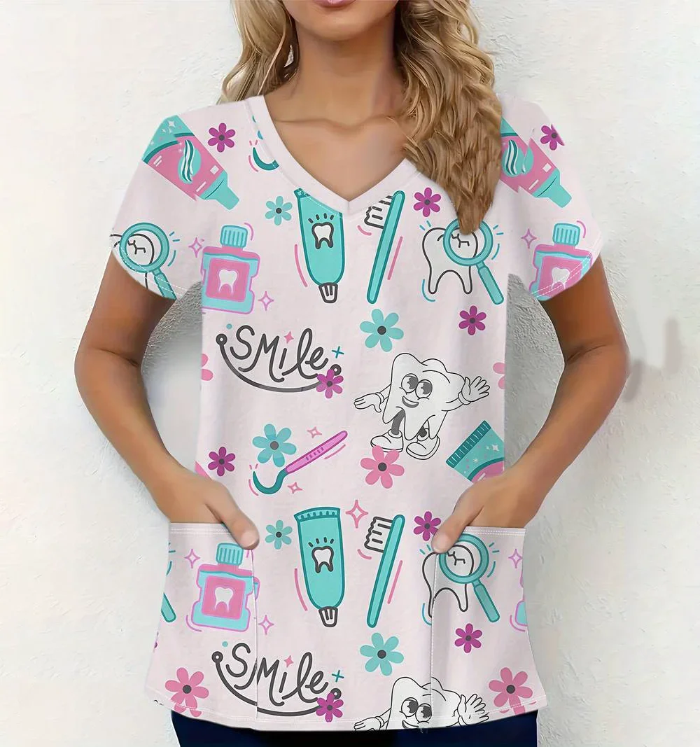 Uniforme clínico mulher dente padrão impressão enfermeira dental topos casual com decote em v manga curta com bolsos uniforme de enfermagem para mulher