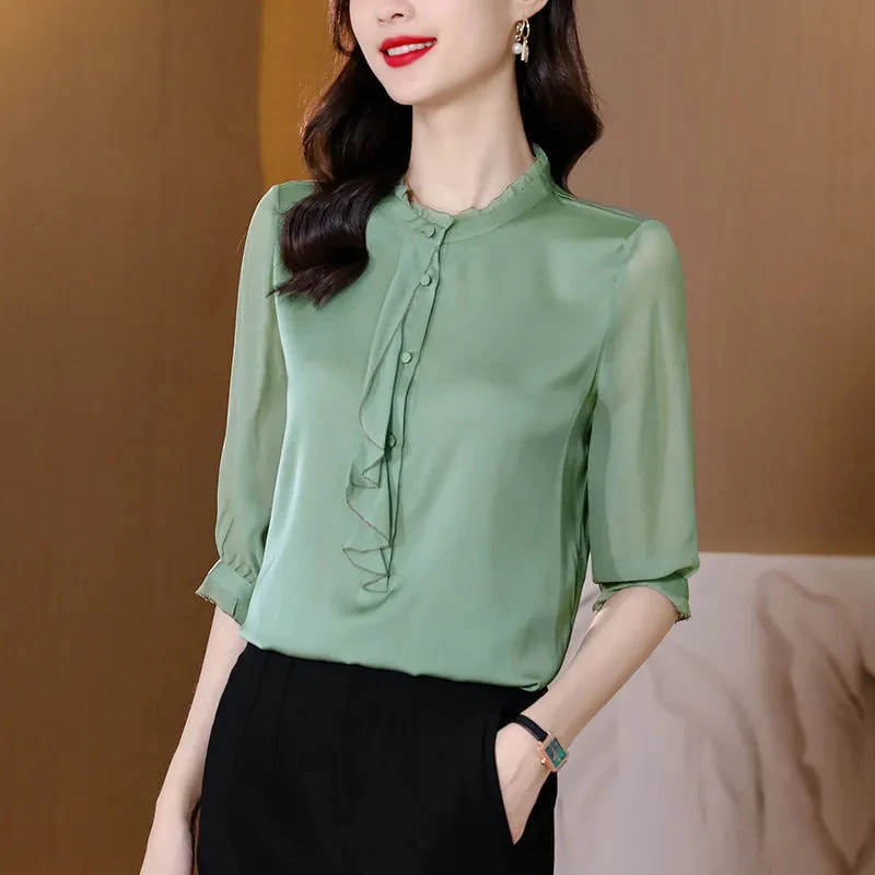 

Summer Autumn Korean Fashion Chiffon Women Elegant Basics Loose Clothes Half Sleeve Button Decorate Blusas Tops G2886