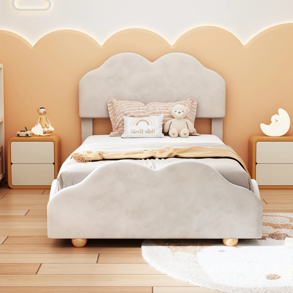 

Kids Twin Platform Bed with Cloud Shaped Headboard and Footboard, Velvet Upholstered with Wooden Slats Support for Bedroom,Beige
