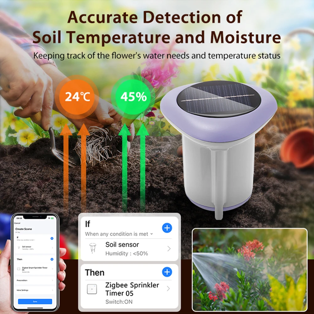 무선 Tuya 스마트 Zigbee 태양 토양 센서 온도 습도 토양 테스터 APP 제어 정원용 토양 온도계