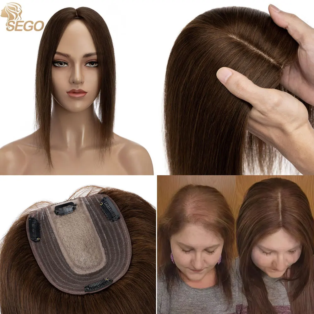 Sego Hair Topper for Women Real Human Hair Pieces for Thinning Hair Handmade Upgrade Silk Base 10x12CM Clip In Topper Hairpieces