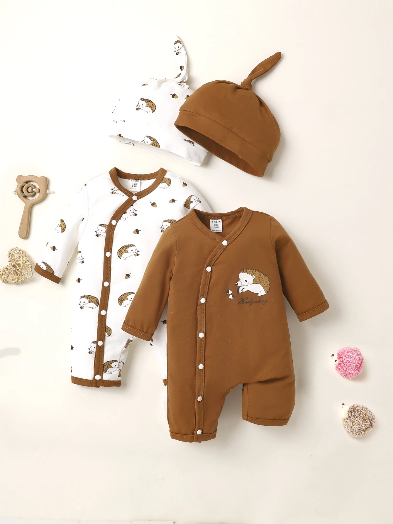 4PCS Autumn Winter Boys Girls Jumpsuit With Hat Round Neck Long Sleeved Cardigan Button Up Hedgehog Pants Baby Clothes