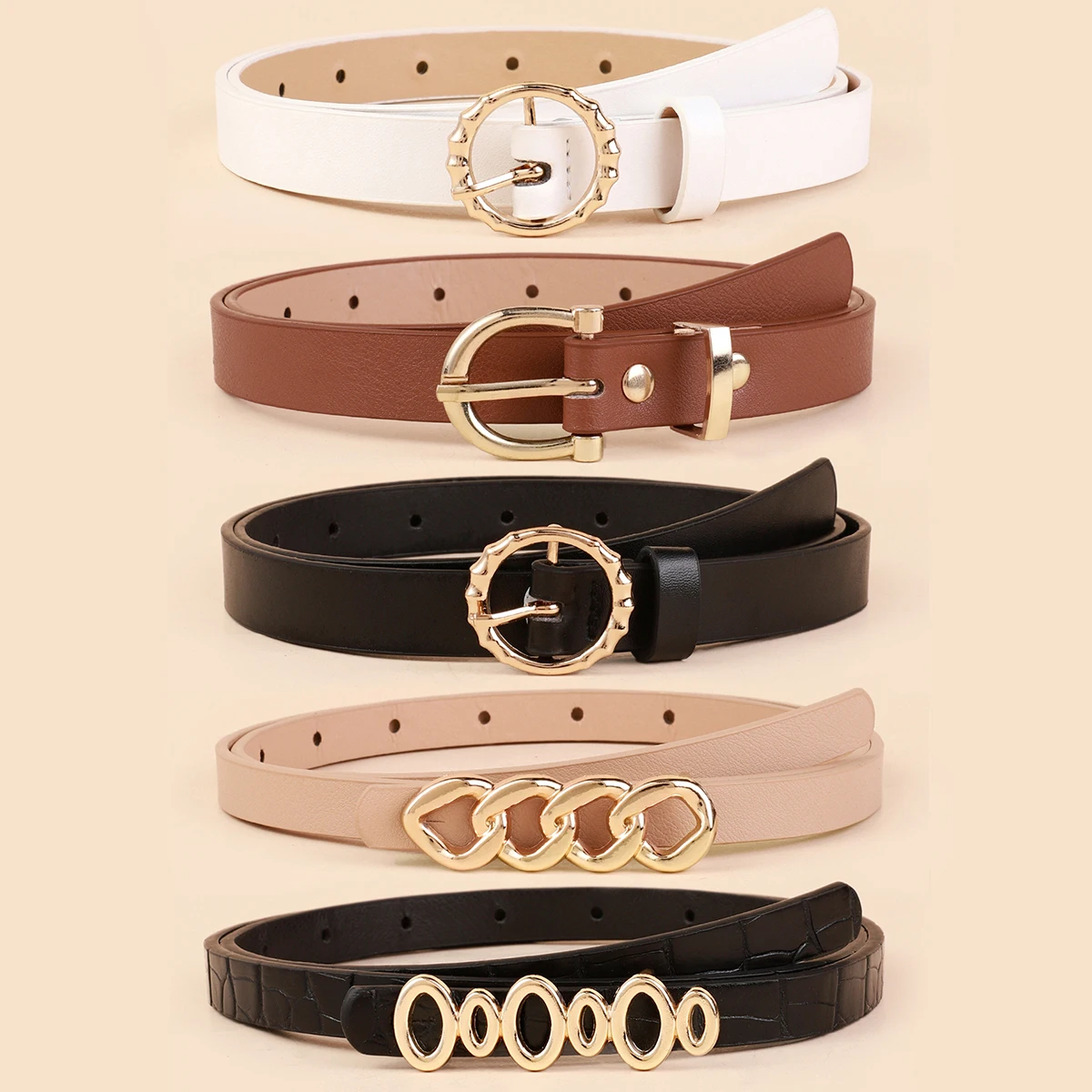 5pcs/set Trendy Buckle Belts Vintage Solid Color PU Leather Belt Casual Jeans Pants Belt For Women