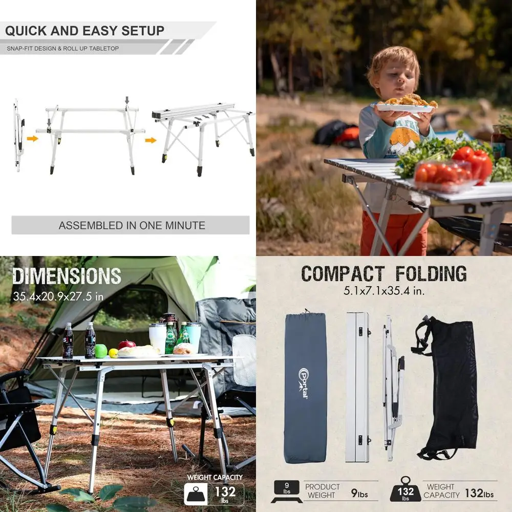 

Outdoor Folding Portable Picnic Camping Table with Adjustable Height Aluminum Roll Up Table Top Mesh Layer, Silver