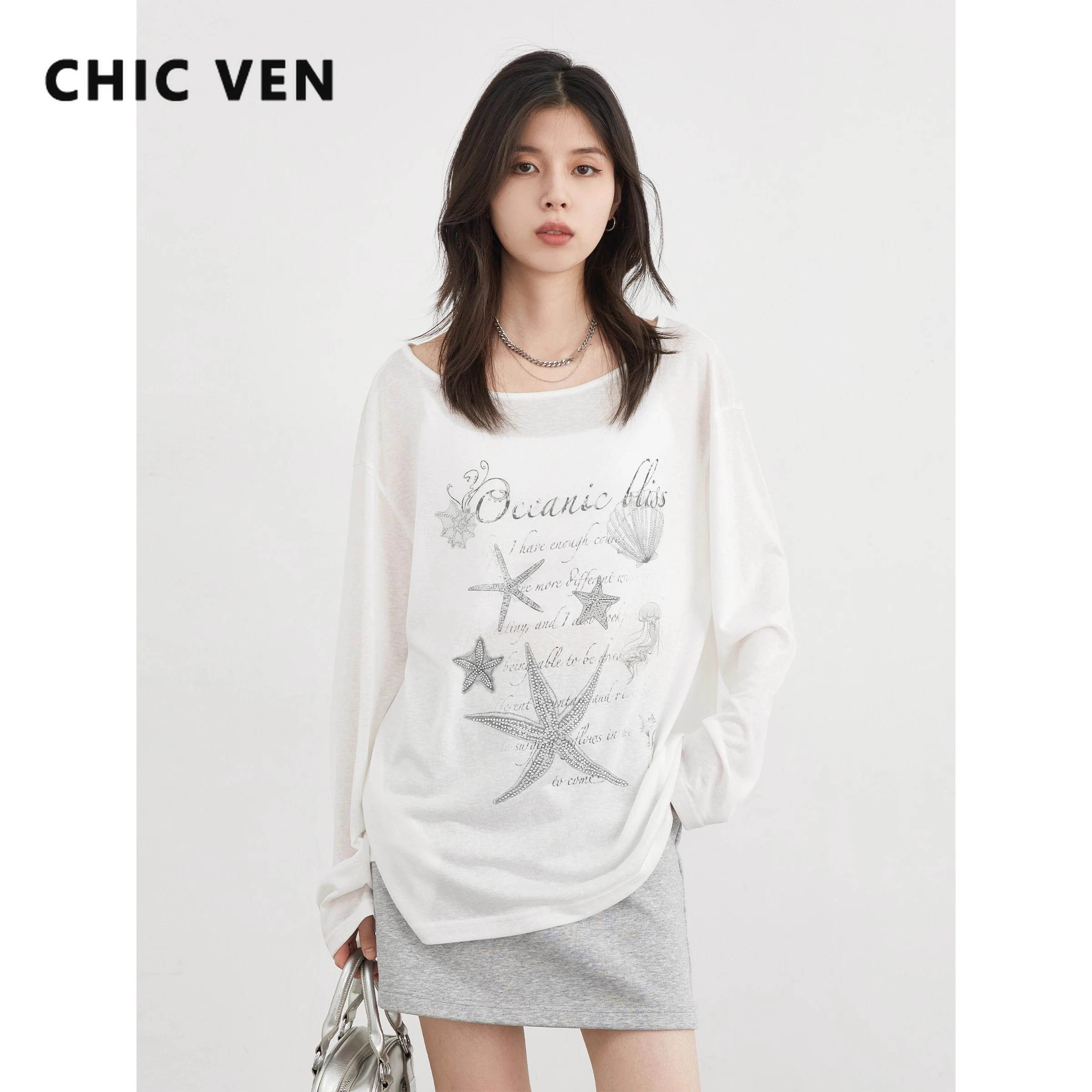 

CHIC VEN модные женские футболки пуловеры свободные повседневные женские футболки с длинными рукавами и принтом морских звезд весна осень 2025 топы