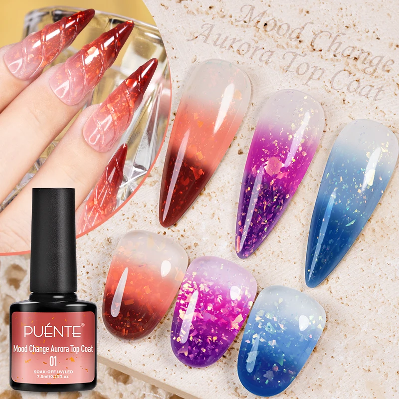 PUENTE Mood Change Aurora Top Coat Gel Nagellak Temperatuur Kleur Veranderende Glitter Nagelgel Losweken Semi-Permanente Vernis