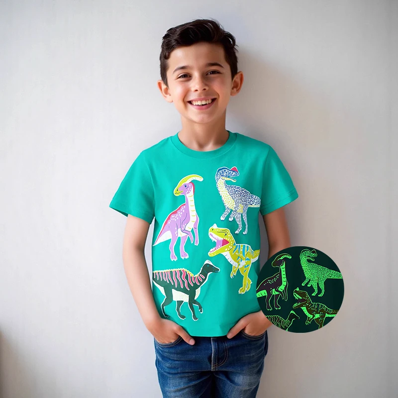 Little Maven 2026 Neue Sommer Leuchtende Cartoon Dinosaurier T Shirts Teenager Baby Jungen Tops Tees Noctilucence Kinder T-shirts