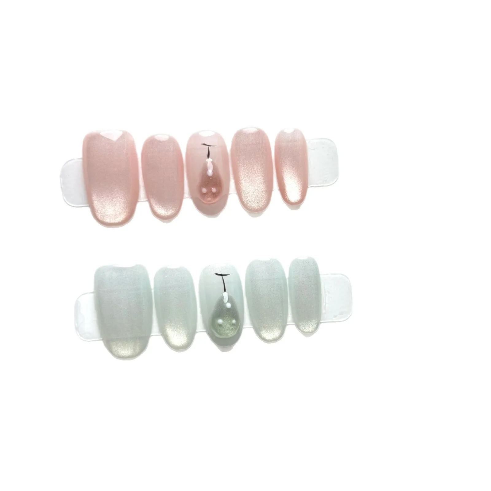 10pcs Handmade Short Oval Press On Nails Nude Pink Cat Eye 3D Pear Design Sweet Cute Fake Nails Wearable Nails Art Tips For Girl