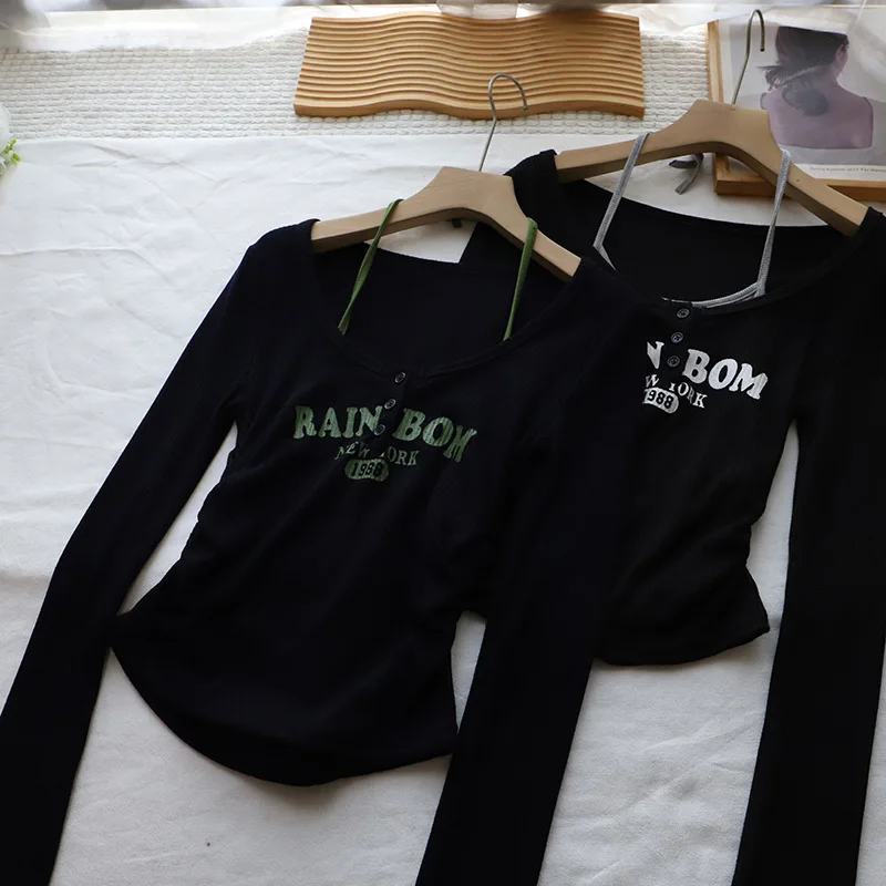 Amerikanischen Brief Drucken Neline Lange Sve ort T-shirt Frauen Frühen Herbst Neue Sle Abnehmen ort oulder Bared Top