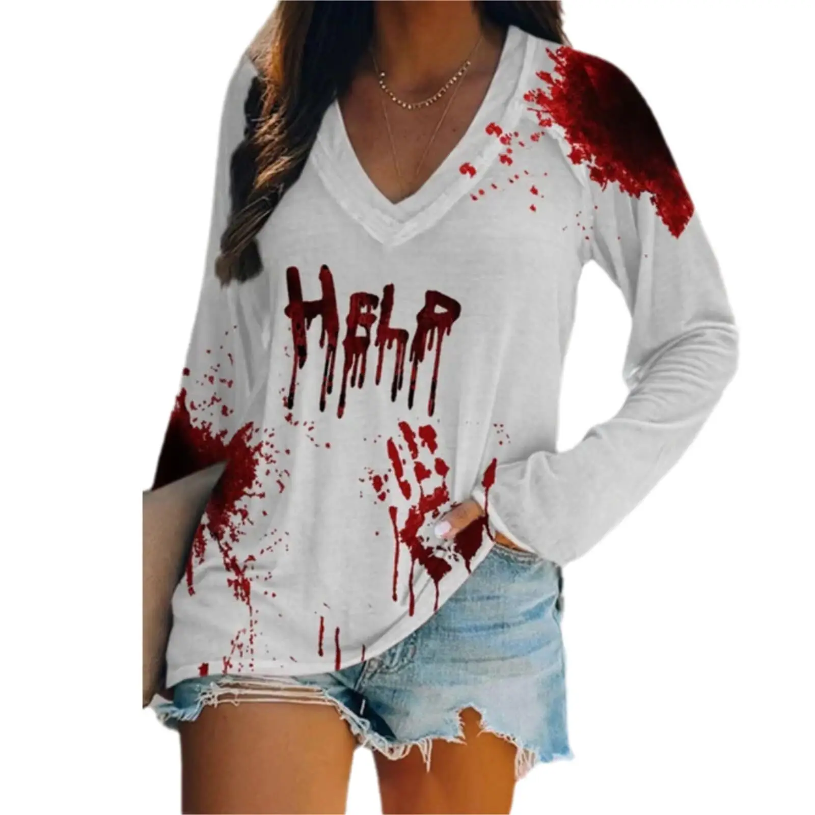 

Amazon's 2024 New Cross border Halloween Series Personalized Horror Long Sleeve V-neck T-shirt for Foreign TradeWB16