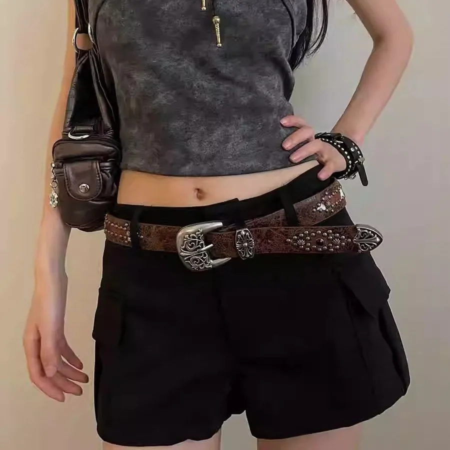 Retro Carved Brown Rivet Belt Women's Korean Version New Jeans Accessories Personalized High-end Slimming Belt Trend