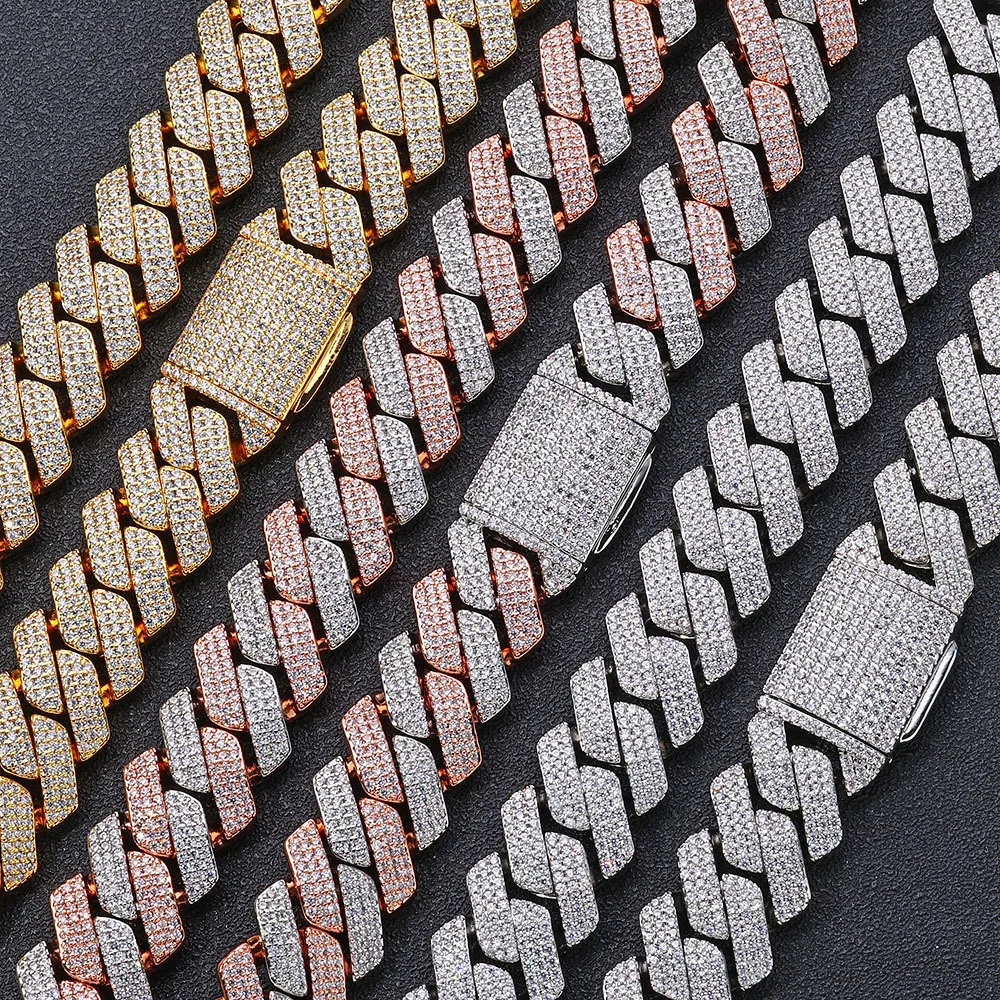 

Cuban Link Chain and Bracelet Trendy Brand Men's 20mm Clamshell Buckle Three Rows of Zircon Rhombus Cuban Rough Hip Hop