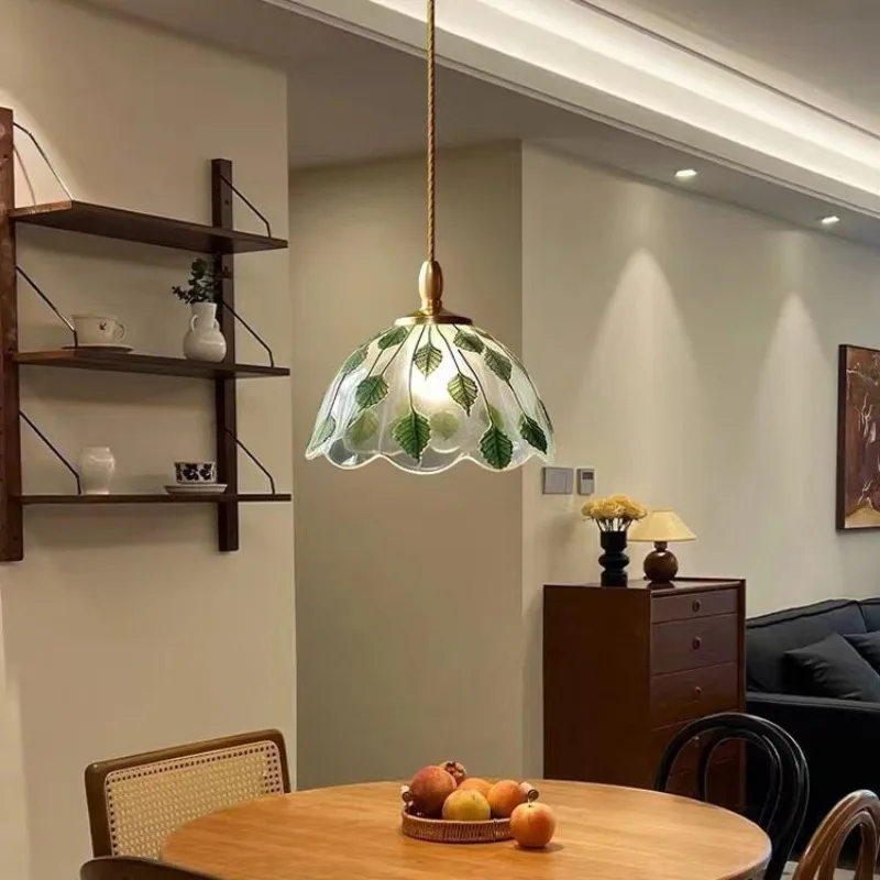 French Retro Glass Pendant Lights Green Leaf Pattern Brass Art Decor Restaurant Kitchen Bedsides Small Hanging Lamps Ornaments