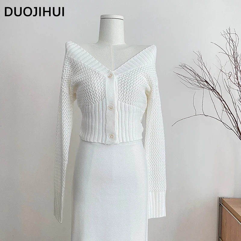 DUOJIHUI-cárdigan clásico con hombros descubiertos para mujer, cárdigan de un solo pecho, Color liso, blanco, Sexy, Simple, a la moda, novedad de otoño