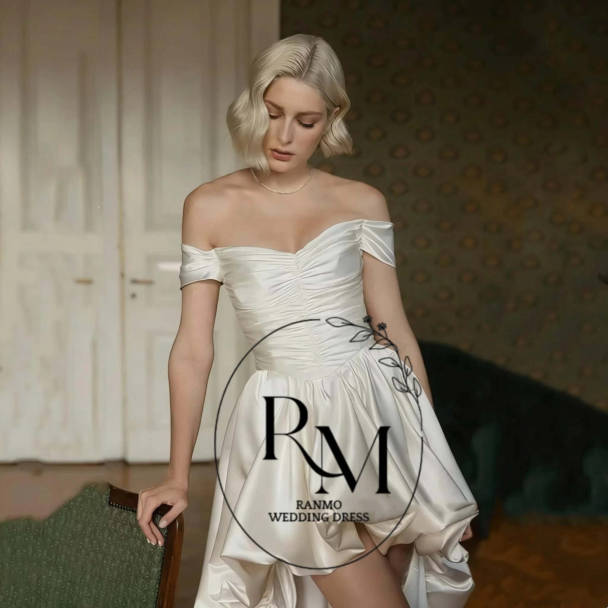 Ranmo Modern New High Low Satin Wedding Dresses Simple Off the Shoulder Off the Shoulder Beach Strapless Bridal Gown Customized