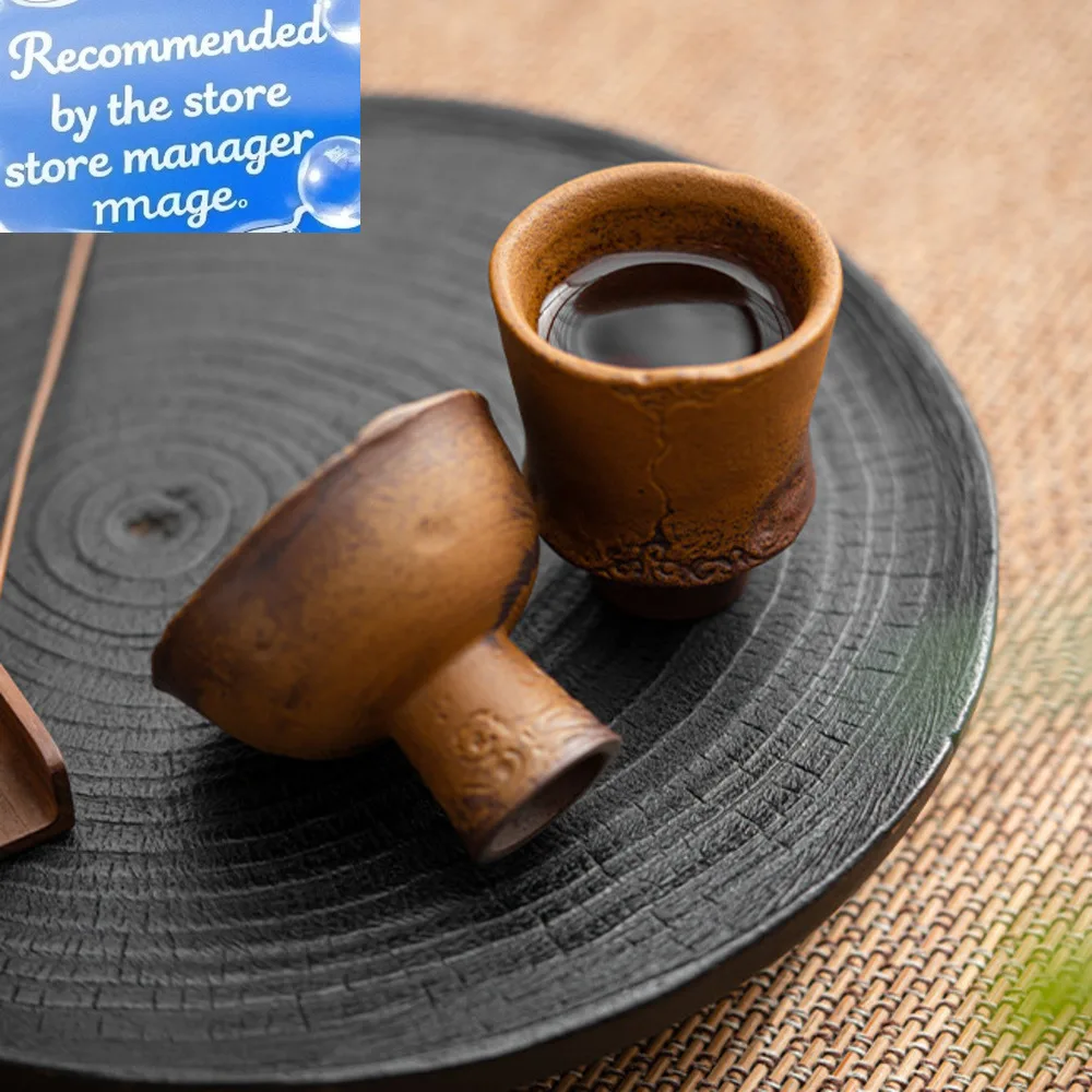 

2pc/lot Retro Sauce Glazed Coarse Pottery Teacup Old Rock Mud Master Cup High Feet Meditation Cup Chazhan Mugs Kung Fu Tea Set