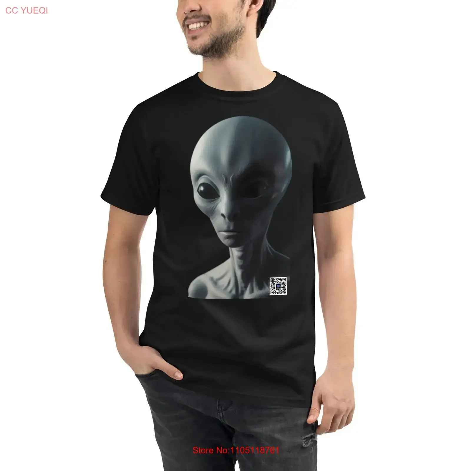 Organic Alien T Shirt smartphone camera scannable AR QR code produces a 3D image vintage Washed graphic Stylish Slightly