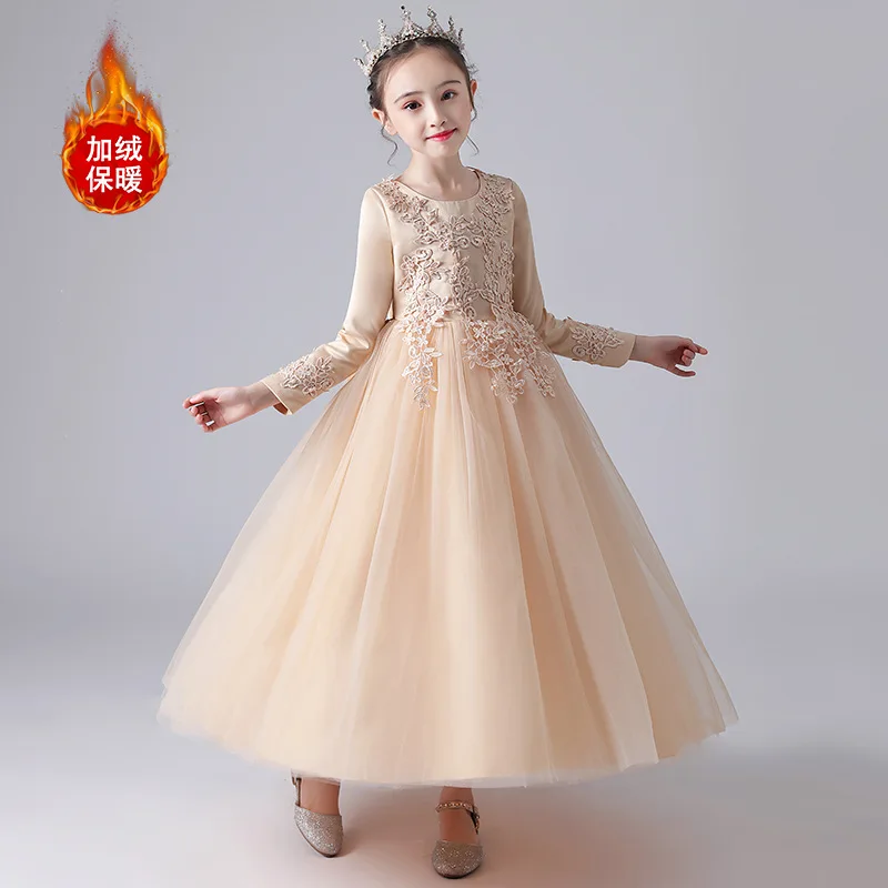 Winter blau weiß rosa Champagner Satin Kinder Junior Prinzessin Blumen mädchen Kleid Geburtstag Hochzeits feier wasser lösliche Spitze Kleid