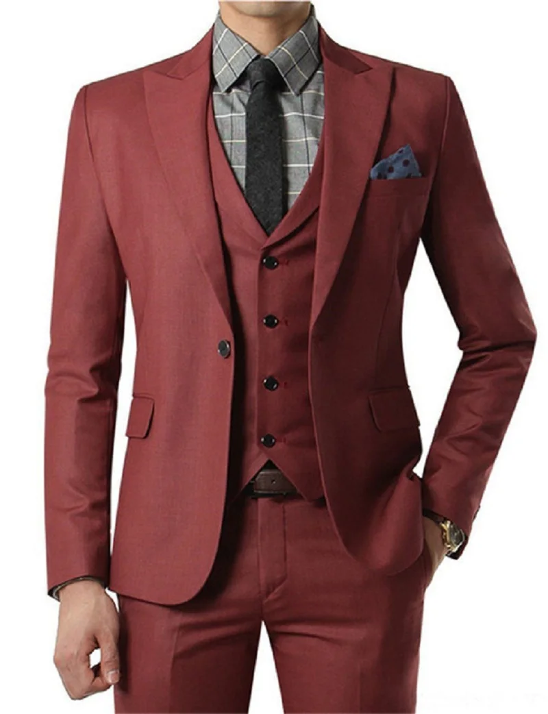 High Quality One Button Dark Red Groom Tuxedos Groomsmen Men Suits Costume Homme (Jacket+Pants+Vest)