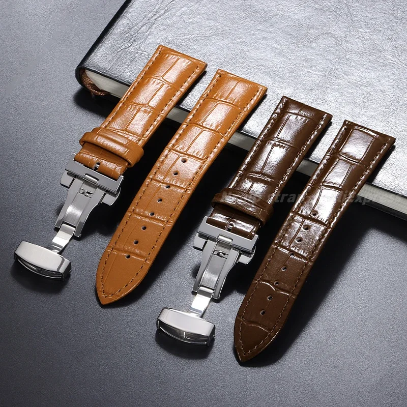 Composite Leather Watch Band 18mm 19mm 20mm 21mm 22mm 24mm Bracelet Bamboo Pattern Strap Butterfly Buckle Men Women Wristband