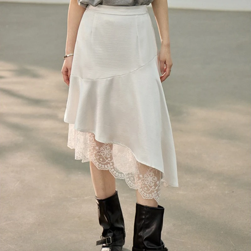 

2026 Summer New Design Irregular Lace Splicing Satin Street Style Half length Skirt for Women