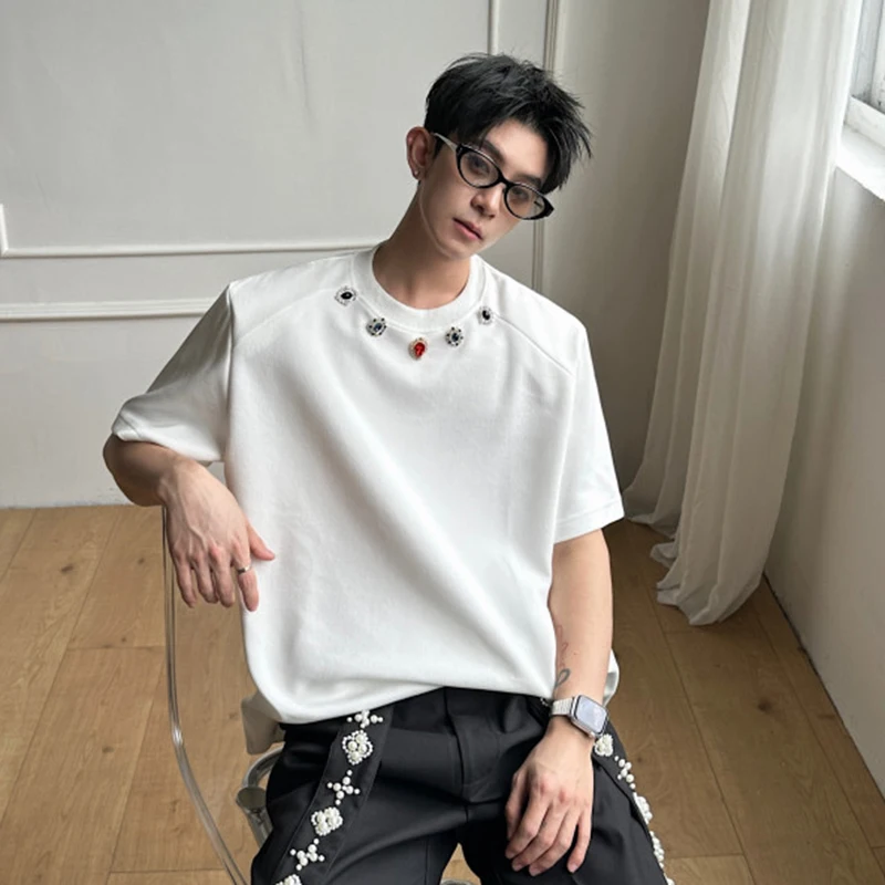 WTHT Fashion Men's Solid Color Spliced Diamonds Design T-shirts Trendy 2026 Summer Round Collar Short Sleeves Tops Male 2A3038