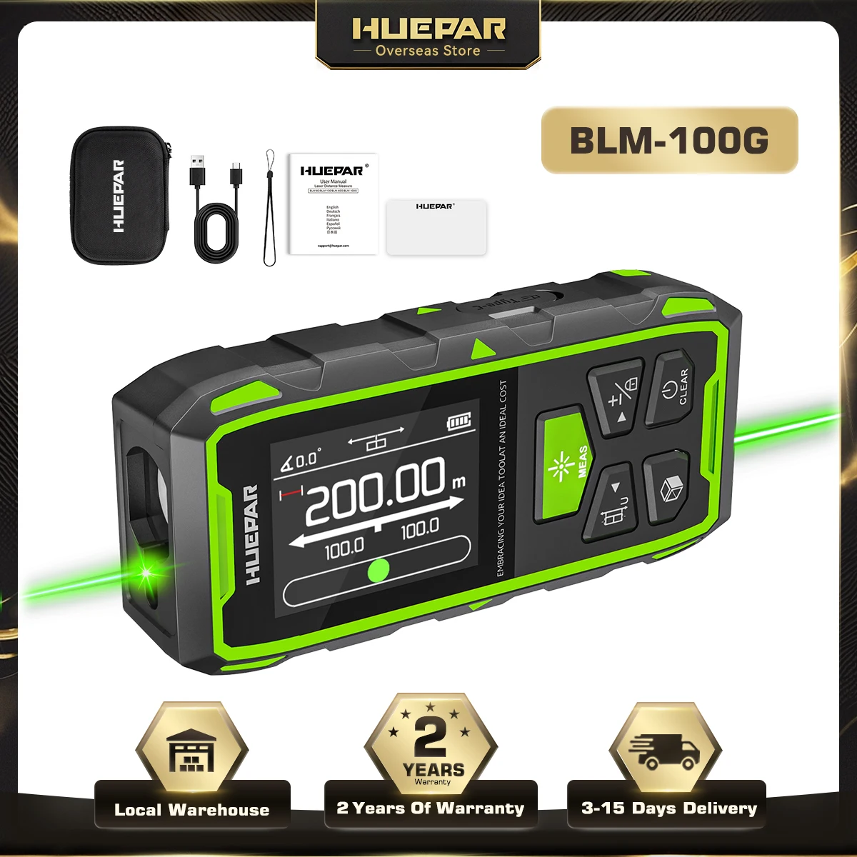 Huepar BLM-100G Dual-Laser-Entfernungsmesser, 200 m, grüner Strahl, Laser-Messgerät, hochpräzises Messwerkzeug und LCD-Hintergrundbeleuchtung