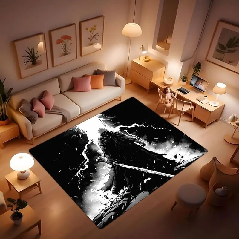 

Black Warrior Anime Rug, Cool Anime Character Non-Slip Washable Carpets, Black Warrior Holding a Long Sword on The Battlefield