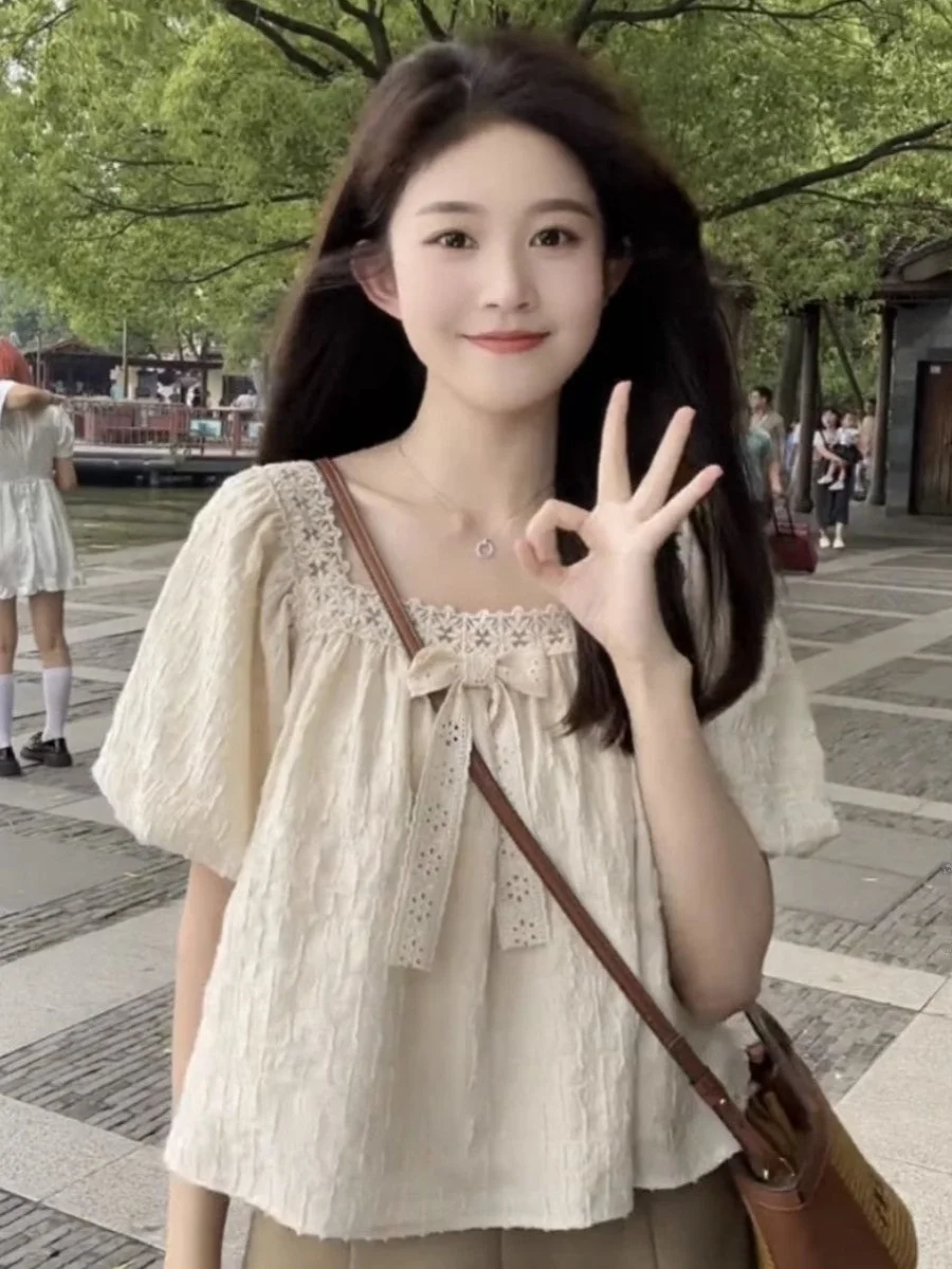 

​​Women's Bow Front Square Neck Blouse Summer Puff Sleeve Cropped Sweet Relaxed Fit Casual Short Sleeve Top​​