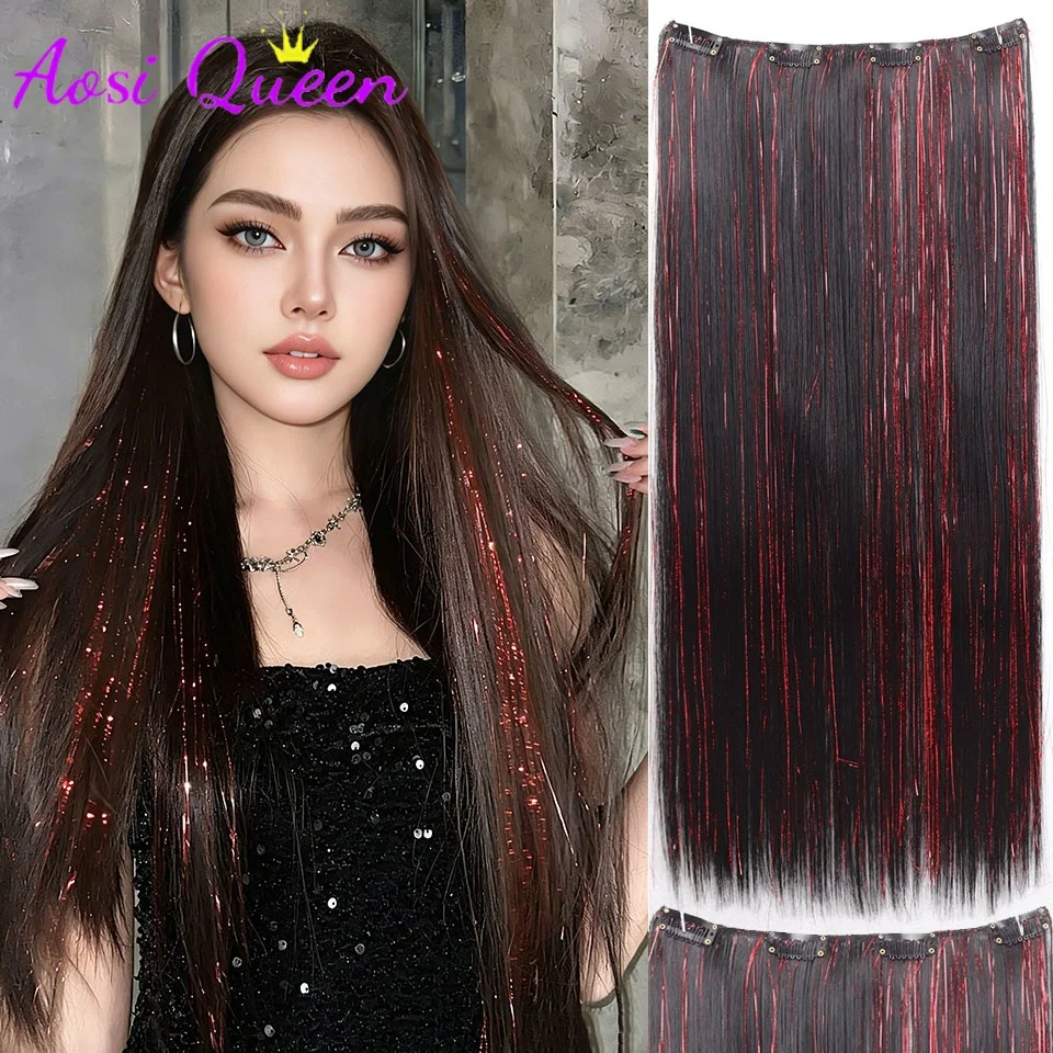 

24Inch Synthetic Long Straight 4-Clip Rainbow Color Hairpiece, Halloween Clip-In Dual-Tone Highlighted Hidden Hair Extensions