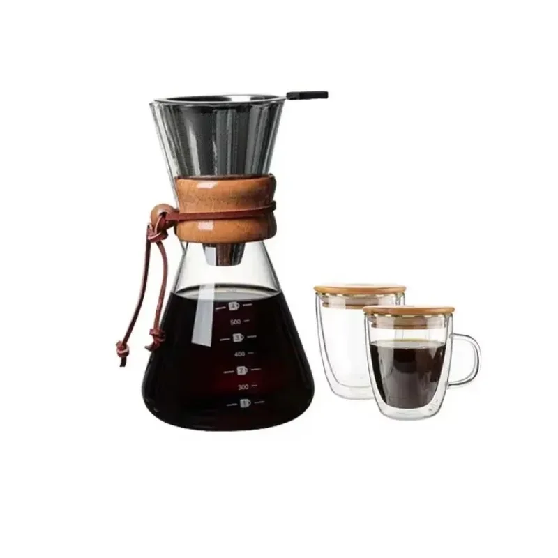 Perborosilicate glass coffee pot with wooden collar hand dripper tool set