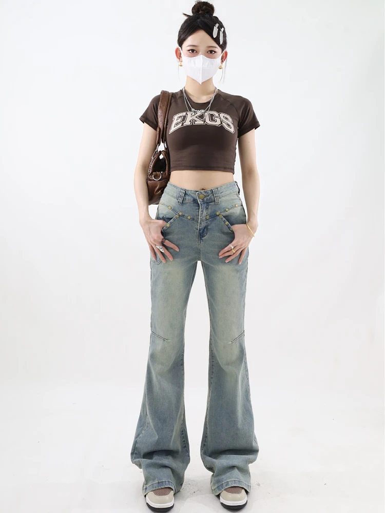 Imagem -02 - Calça Jeans Feminina Azul Flare Folgada Estética dos Anos 90 Vintage Cowboy Harajuku Moda Y2k 2000s Roupas de Lixo 2024