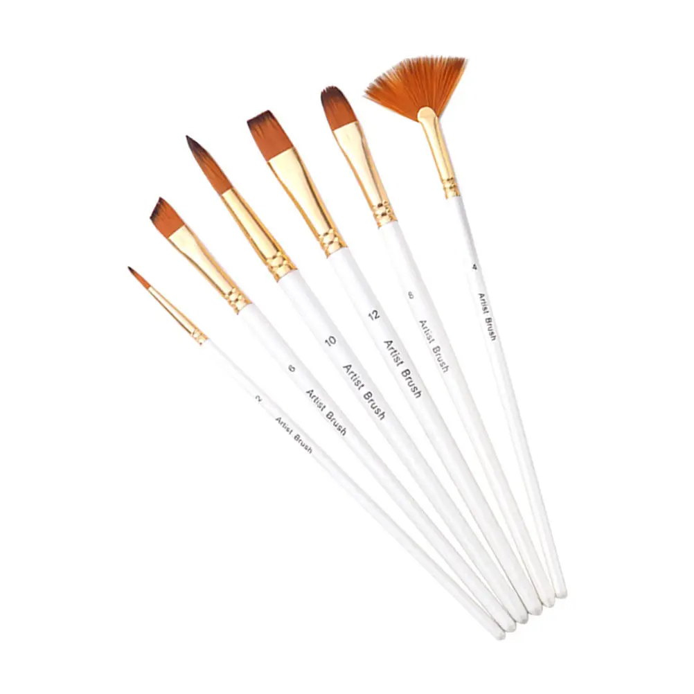 6Pcs Painting Brush Set Nylon Hair Wooden Handle Copper Tube Artist Watercolor Gouache Acrylic Paint Tools Painting Kit