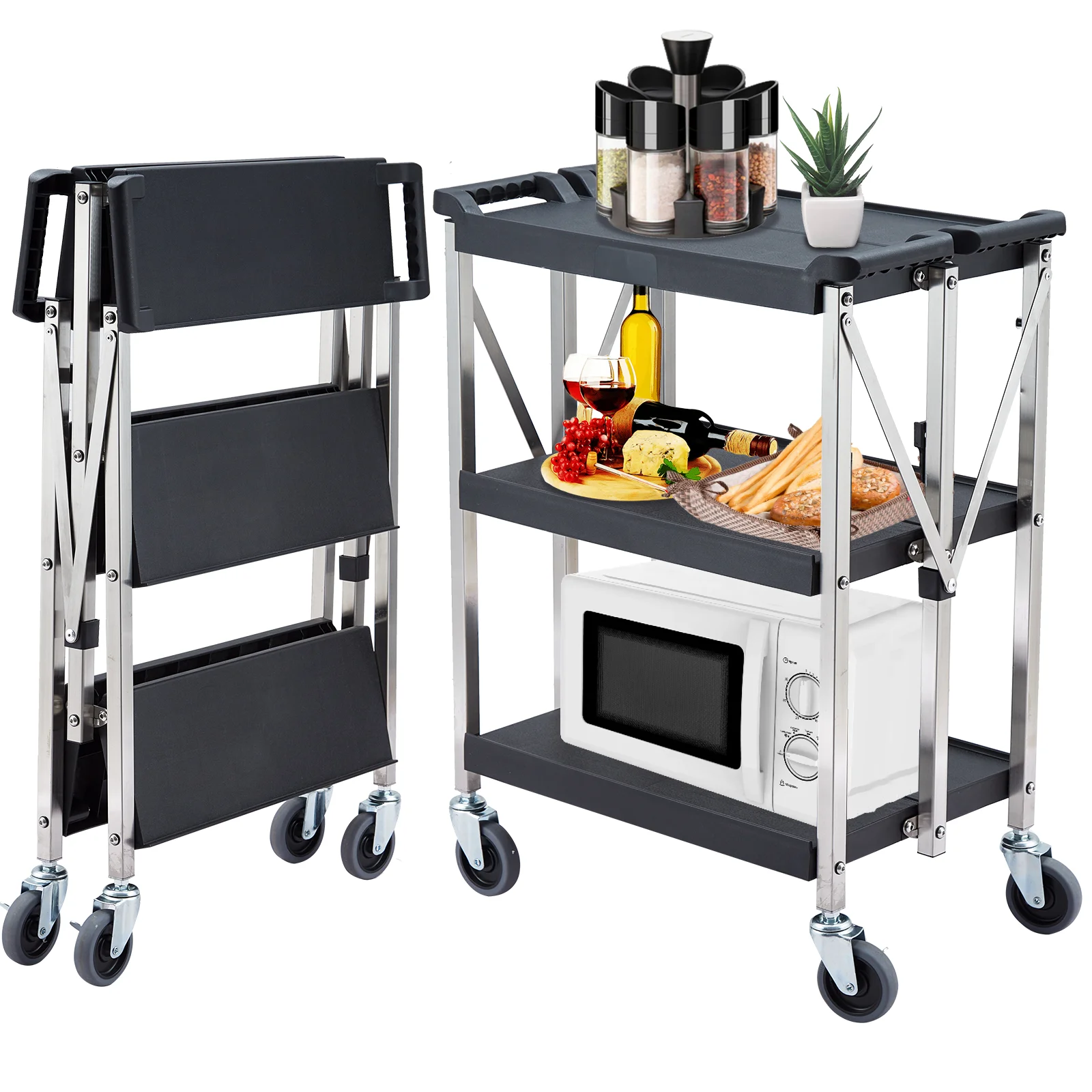 

3 Tier Stainless Steel Trolley Cart Foldable Utility Serving Storage Rolling Car Shelf with Wheels, Trolleys for Hotel Restauran