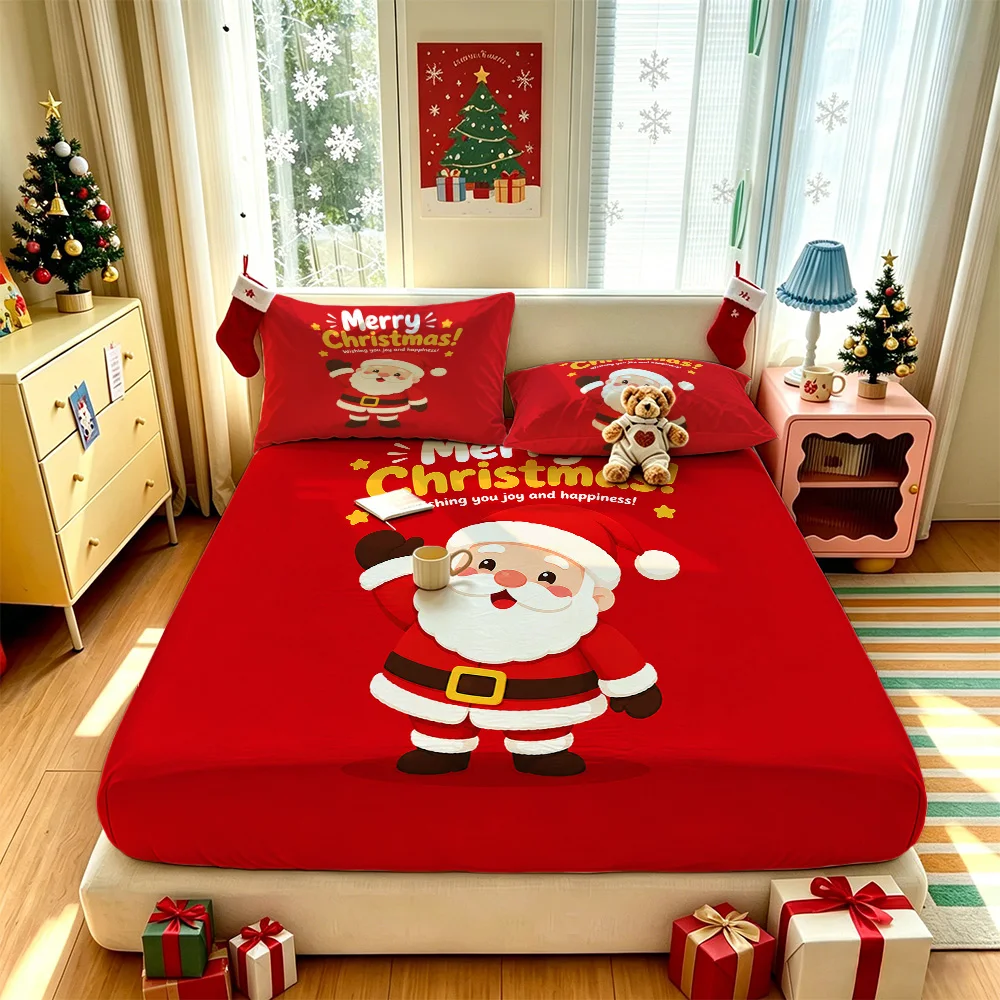 3PCS Santa Claus Merry Christmas Bedding Set Soft Coreless Duvet Cover Plus Two Pillowcases For Bedroom Xmas Festival Home Be