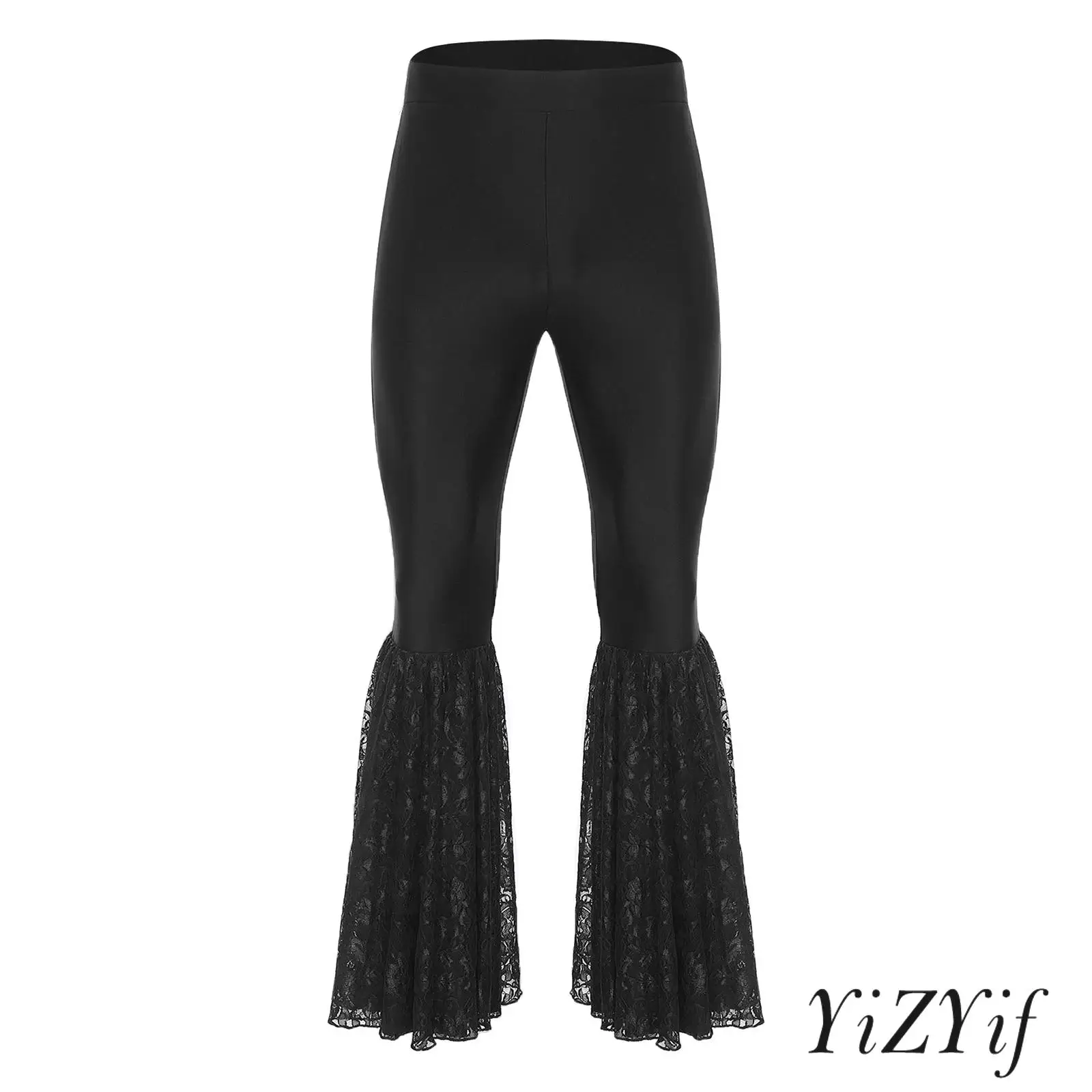 

Men Latin Performance Dance Flared Trousers with Decorative Lace Inserts Flexible Waistband Bell Bottom Pants for Disco Dance