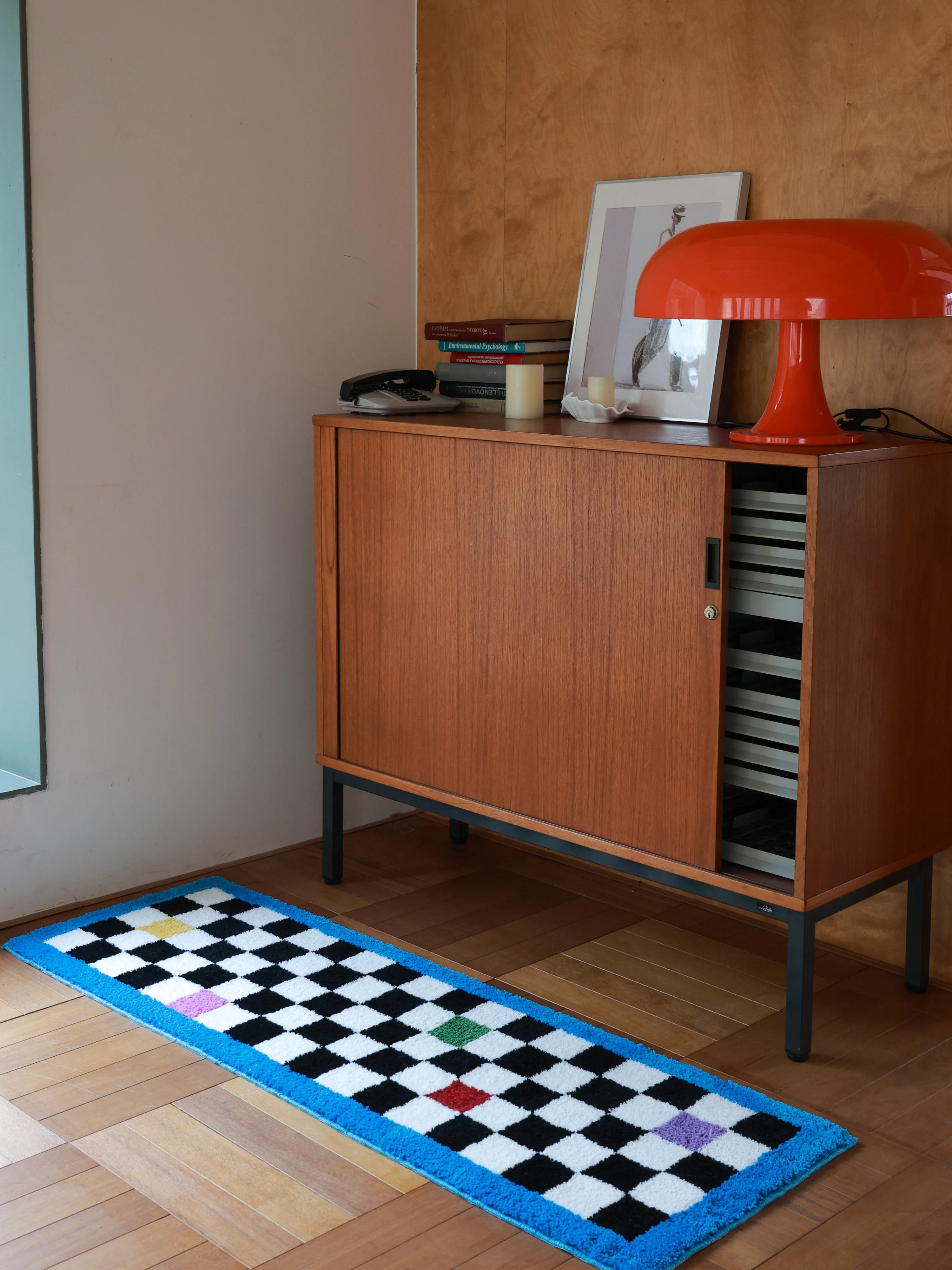 Blue Checkered Long Carpet for Girls Bedroom Door Island Original Cute Side Blanket Durable Washable Polyester Geometric Pattern