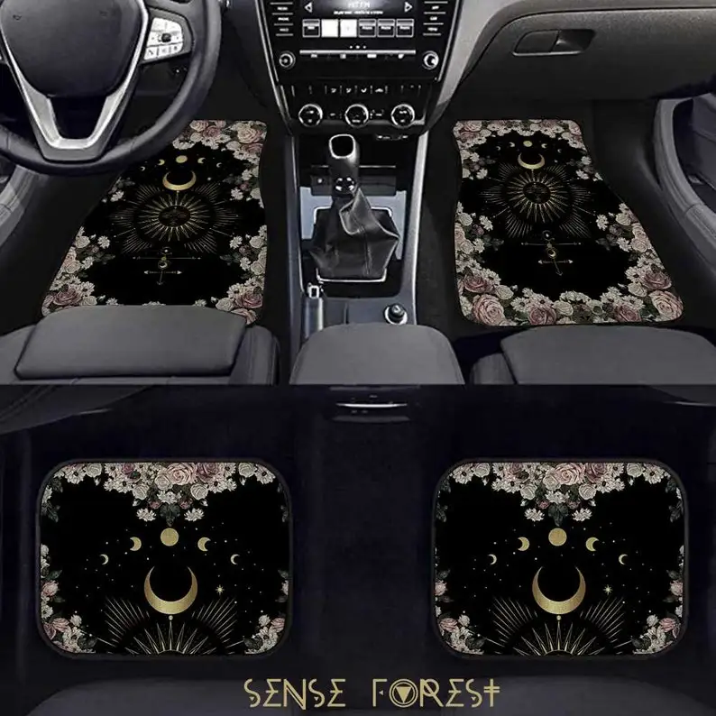 

Pale Rose Moon Phase Car floor Mat set, Dark Cottagecore cute witch car interior decor accessories, car mats for women