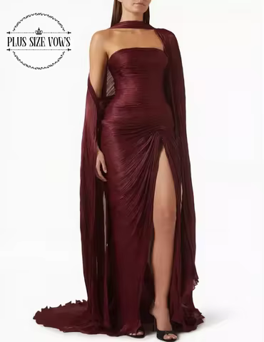 Customized Burgundy Strapless Sleeveless Luxury Evening Dress Pleat Split Floor Length Prom Dresses Mermaid Formal Gowns
