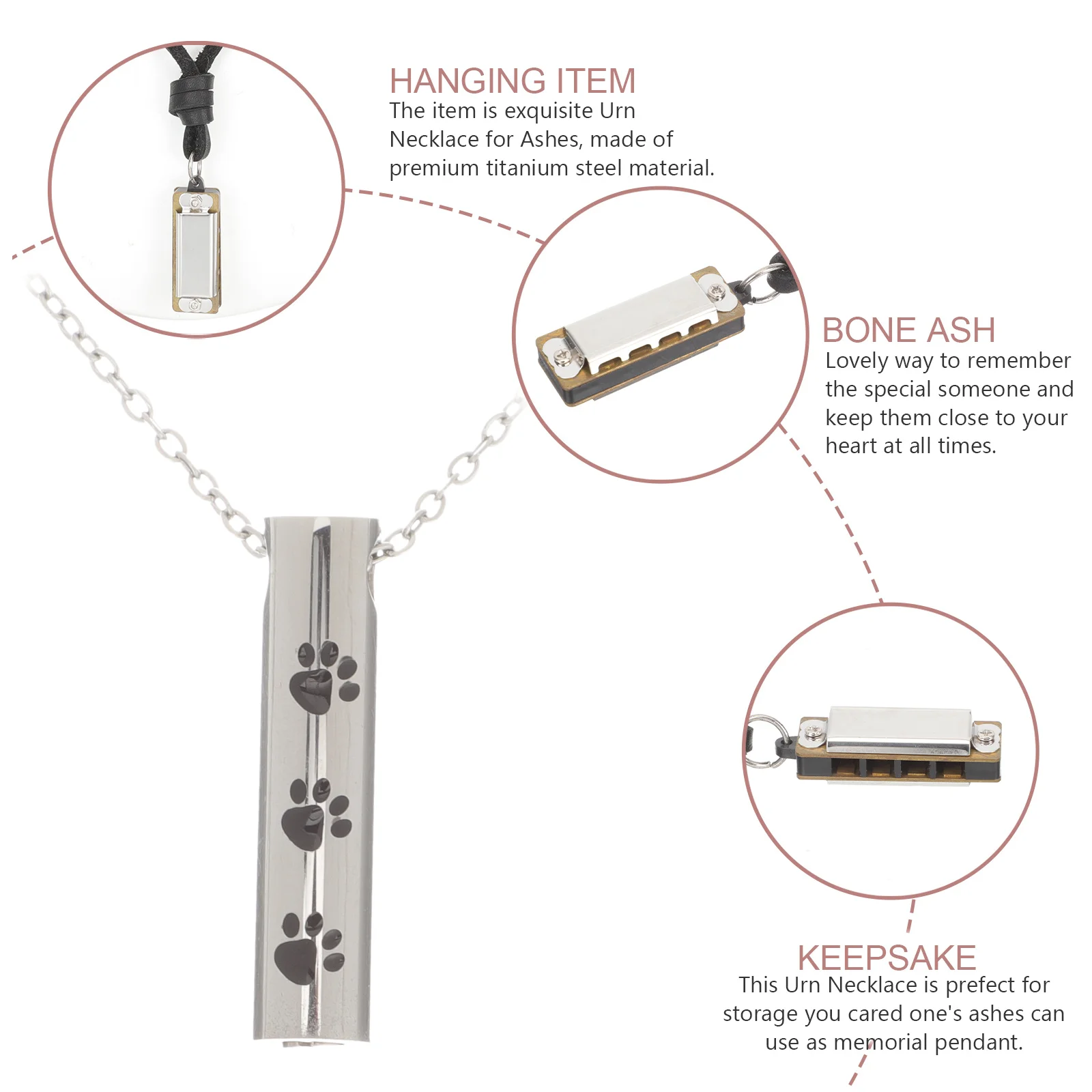 จี้สร้อยคอใส่เถ้ากระดูกสำหรับเก็บรักษาเป็นที่ระลึก ทำจากไทเทเนียมสตีล สำหรับใส่เถ้ากระดูกมนุษย์หรือสัตว์เลี้ยงในงานศพ