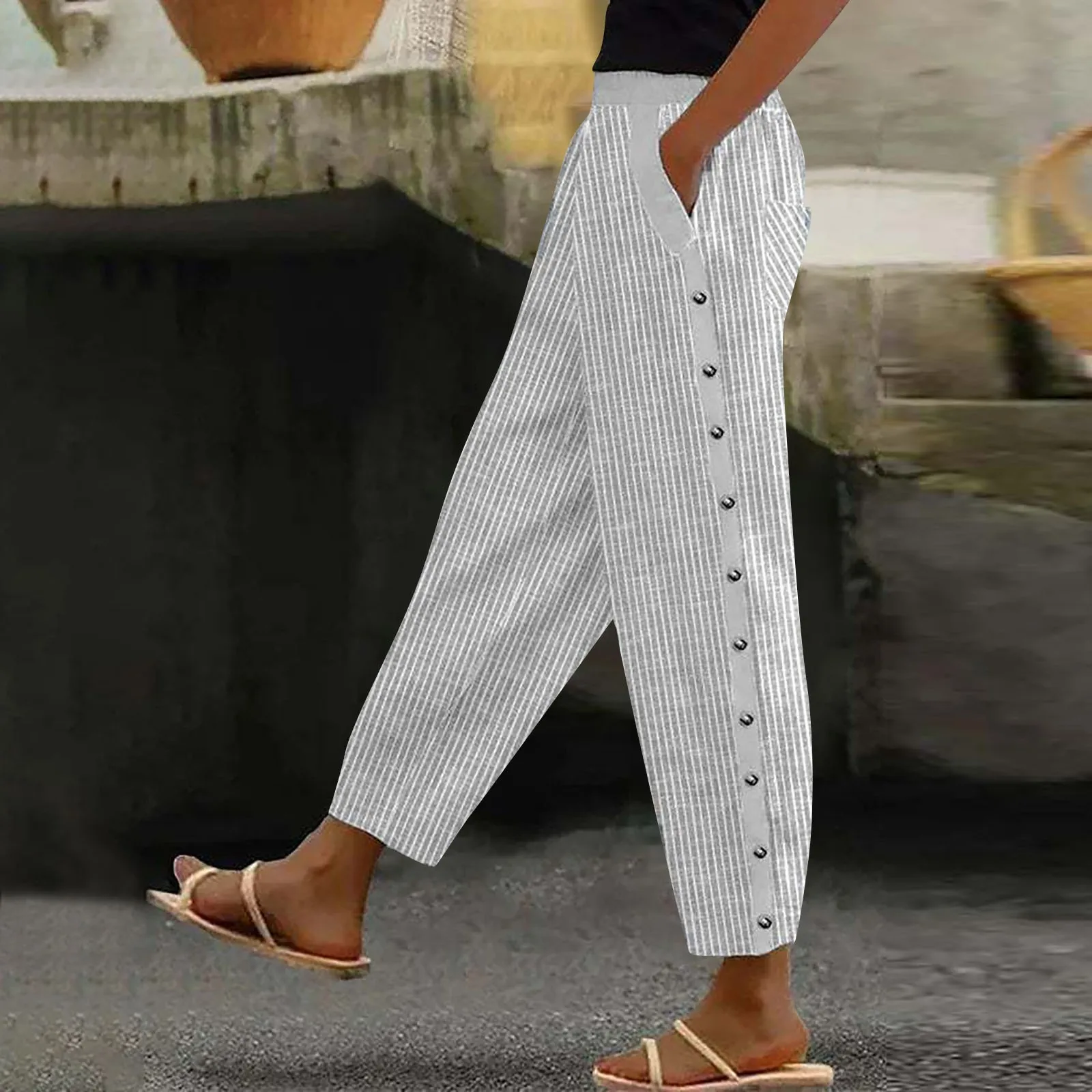 

Women's Nine Point Pants Summer Fashion Striped Print Ladies Trousers Button Thin Casual Streetwear Popular Versatile Slacks