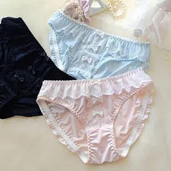 Women's Cute Ruffled Lace Bow Briefs Milk Silk Breathable Low-Rise Underwear Sweet Lolita Style Panties Princess High Stretchy