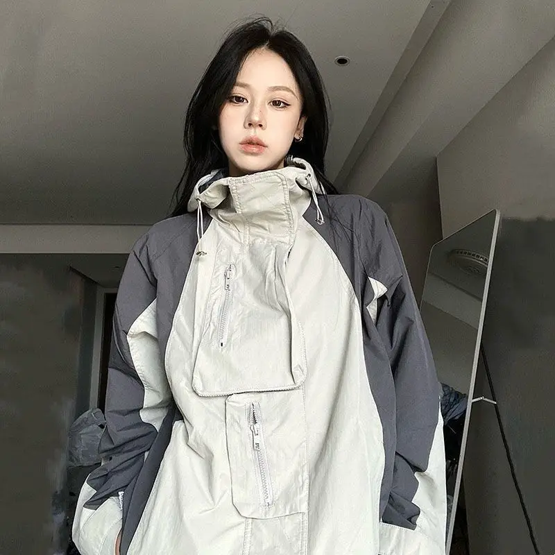 Vintage Outdoor Jackets Women Y2k Streetwear Waterproof Oversized Autumn Hooded Harajuku Drawstring Windbreaker Korean Coat