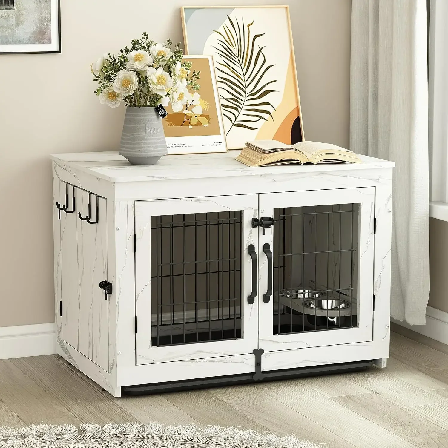 Wooden Dog Crate Furniture with 360°Rotatable Removable Dog Bowls, Crate End Table with Tray, Double Doors Kennels, Marble White