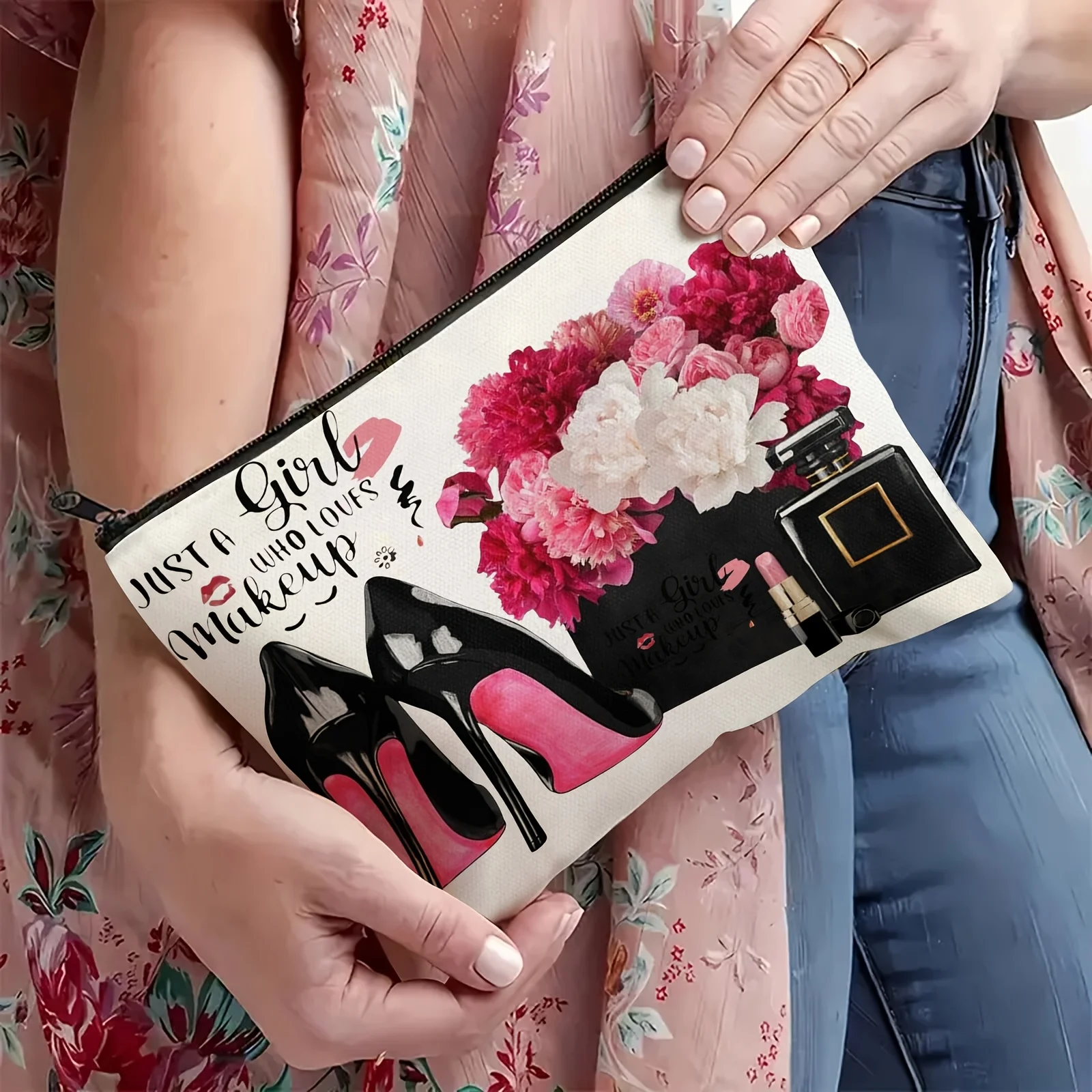 1 Stück modische schwarze High Heels Parfüm Lippenstift Kosmetiktasche – elegante Damen-Kosmetiktasche mit Perlendekoration