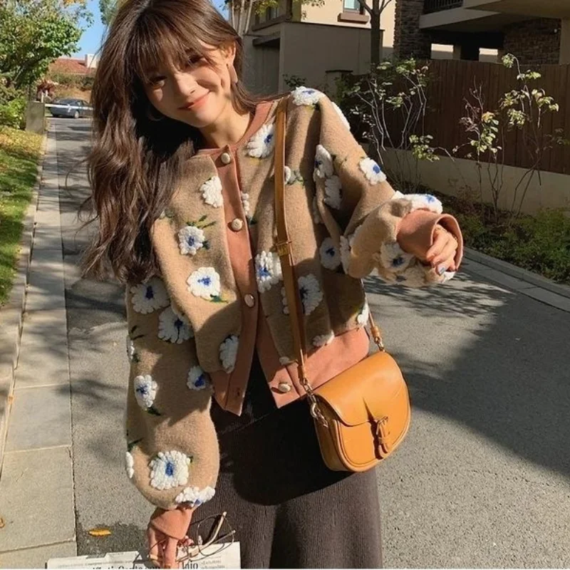 

orean Sweet Three-dimensional Flowers Design Crop Coats O-neck Single Breasted Vintage Jackets 2022 Spring Autumn Chic Outwears
