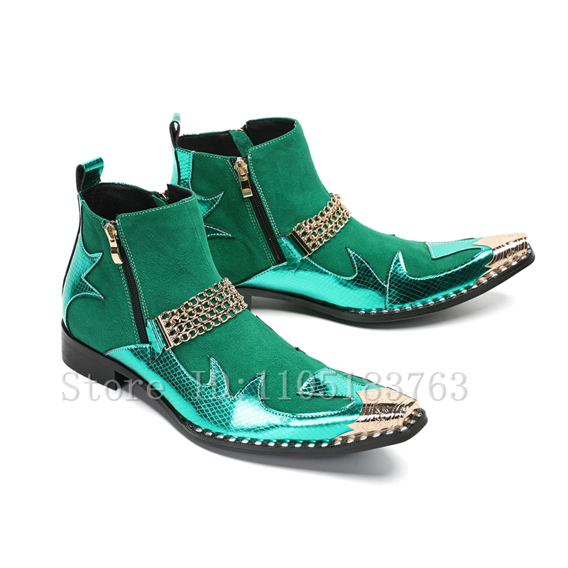 

Green Suede Leather Patchwork Men Ankle Boots Brand New Metal Rivets Chains Decor Flat Chelase Boots for Party Business Dress
